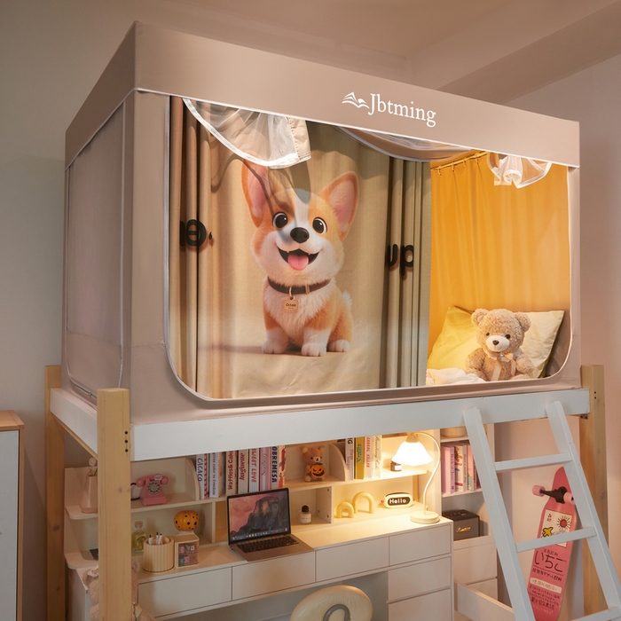 91家纺网 家纺一手货源 找家纺 星际优品 2025新款学生蚊帐遮光床帘植绒环保遮光帘99%遮光-印花款学生蚊帐-二 柯基-米杏