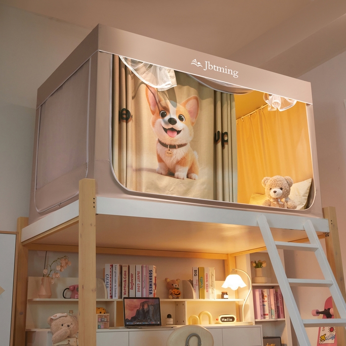 91家纺网 家纺一手货源 找家纺 星际优品 2025新款学生蚊帐遮光床帘植绒环保遮光帘99%遮光-印花款学生蚊帐-二 柯基-米杏