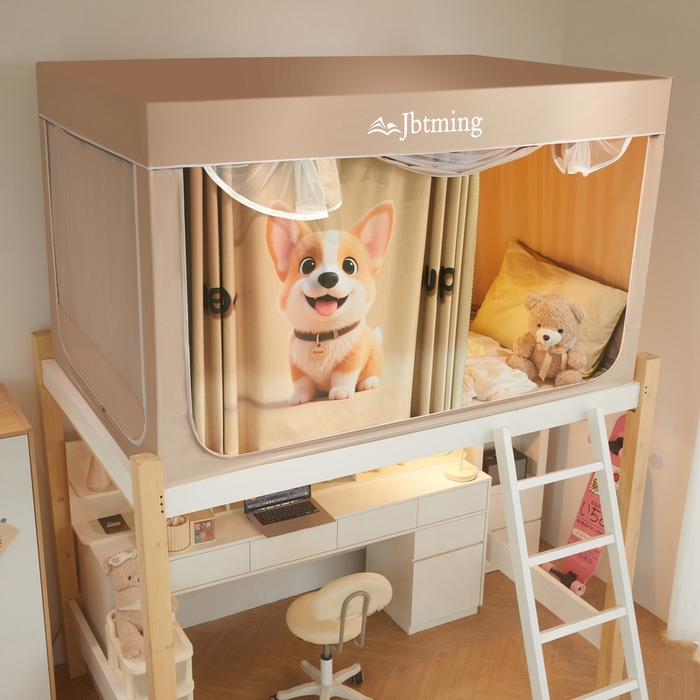 91家纺网 家纺一手货源 找家纺 星际优品 2025新款学生蚊帐遮光床帘植绒环保遮光帘99%遮光-印花款学生蚊帐-二 柯基-米杏