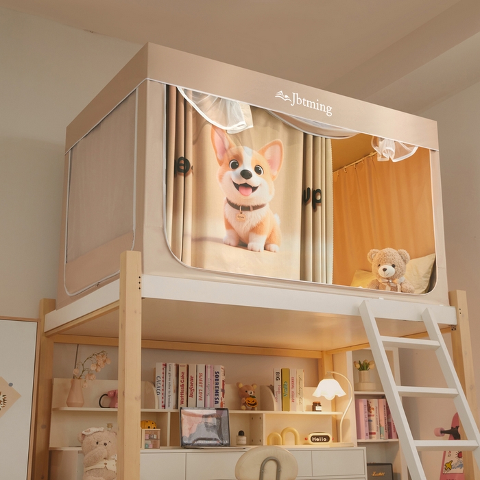 91家纺网 家纺一手货源 找家纺 星际优品 2025新款学生蚊帐遮光床帘植绒环保遮光帘99%遮光-印花款学生蚊帐-二 柯基-米杏