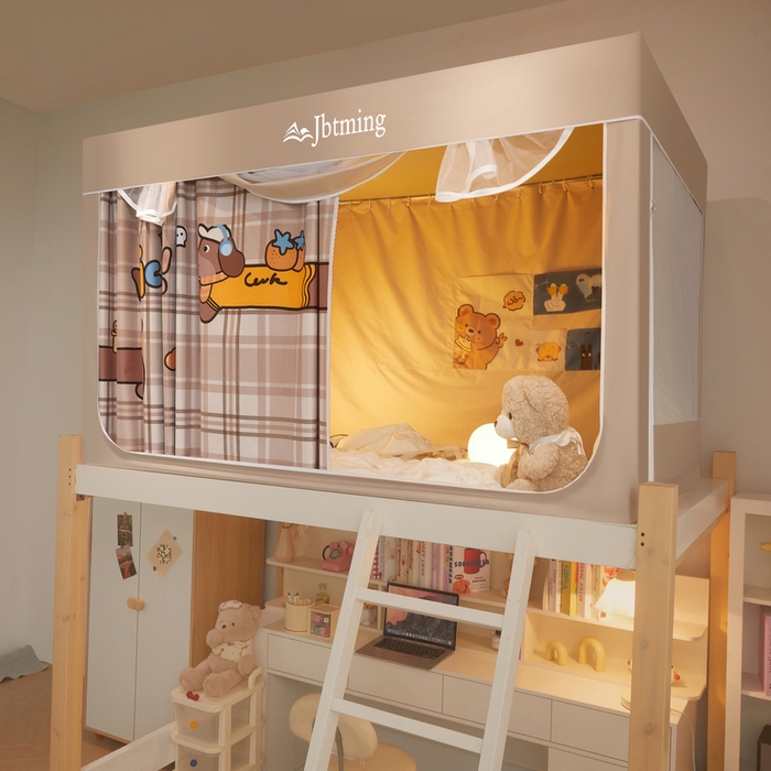 91家纺网 家纺一手货源 找家纺 星际优品 2025新款学生蚊帐遮光床帘植绒环保遮光帘99%遮光-印花款学生蚊帐-二 快乐旺仔-米杏