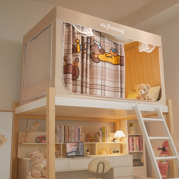 91家纺网 家纺一手货源 找家纺 星际优品 2025新款学生蚊帐遮光床帘植绒环保遮光帘99%遮光-印花款学生蚊帐-二 快乐旺仔-米杏