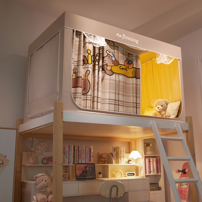 91家纺网 家纺一手货源 找家纺 星际优品 2025新款学生蚊帐遮光床帘植绒环保遮光帘99%遮光-印花款学生蚊帐-二 快乐旺仔-米杏