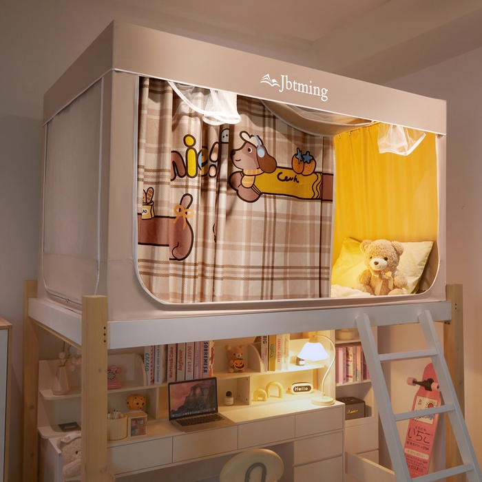 91家纺网 家纺一手货源 找家纺 星际优品 2025新款学生蚊帐遮光床帘植绒环保遮光帘99%遮光-印花款学生蚊帐-二 快乐旺仔-米杏