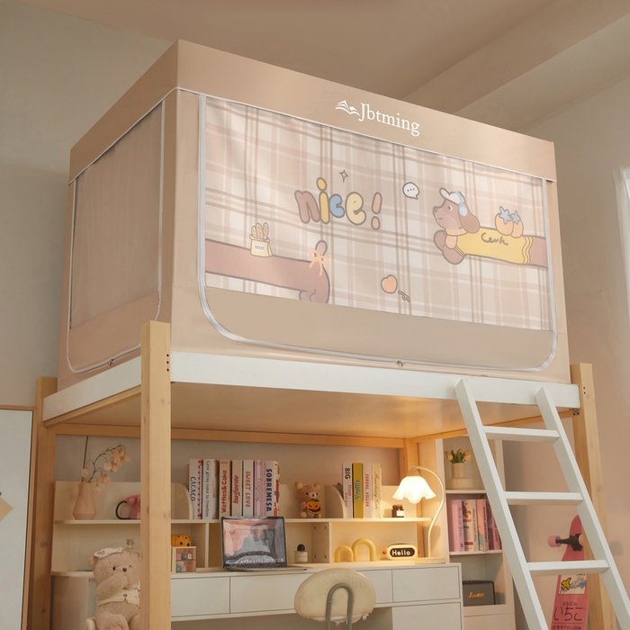 91家纺网 家纺一手货源 找家纺 星际优品 2025新款学生蚊帐遮光床帘植绒环保遮光帘99%遮光-印花款学生蚊帐-二 快乐旺仔-米杏