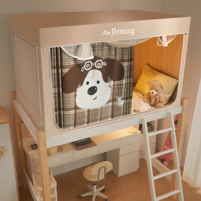 91家纺网 家纺一手货源 找家纺 星际优品 2025新款学生蚊帐遮光床帘植绒环保遮光帘99%遮光-印花款学生蚊帐-二 流浪狗-米杏