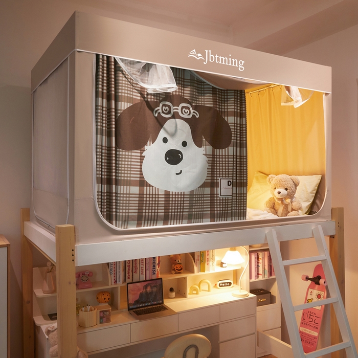 91家纺网 家纺一手货源 找家纺 星际优品 2025新款学生蚊帐遮光床帘植绒环保遮光帘99%遮光-印花款学生蚊帐-二 流浪狗-米杏