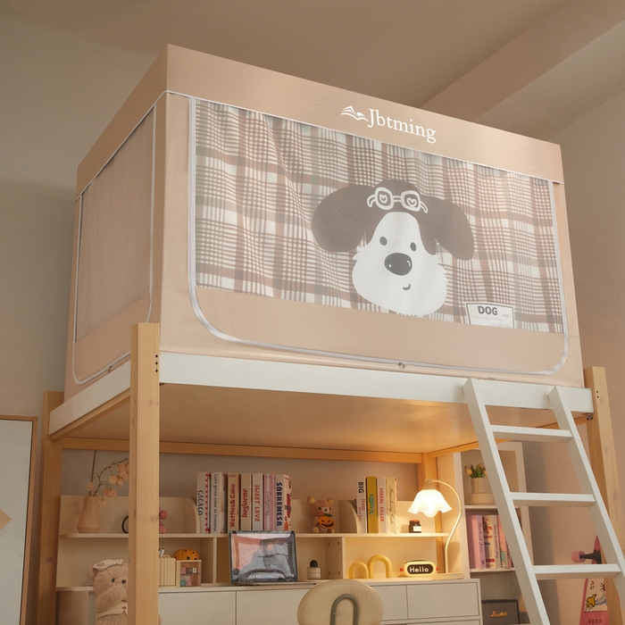 91家纺网 家纺一手货源 找家纺 星际优品 2025新款学生蚊帐遮光床帘植绒环保遮光帘99%遮光-印花款学生蚊帐-二 流浪狗-米杏