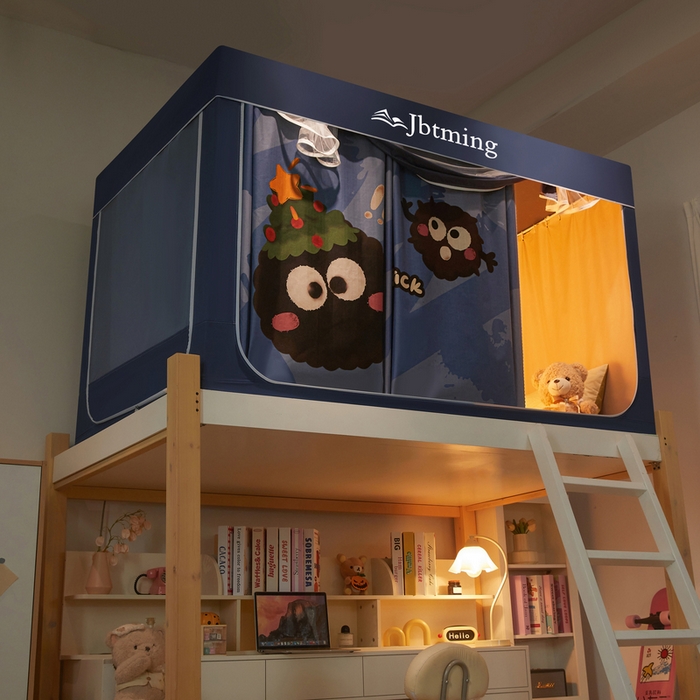 91家纺网 家纺一手货源 找家纺 星际优品 2025新款学生蚊帐遮光床帘植绒环保遮光帘99%遮光-印花款学生蚊帐-二 煤球-藏青