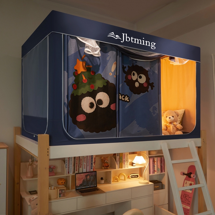 91家纺网 家纺一手货源 找家纺 星际优品 2025新款学生蚊帐遮光床帘植绒环保遮光帘99%遮光-印花款学生蚊帐-二 煤球-藏青