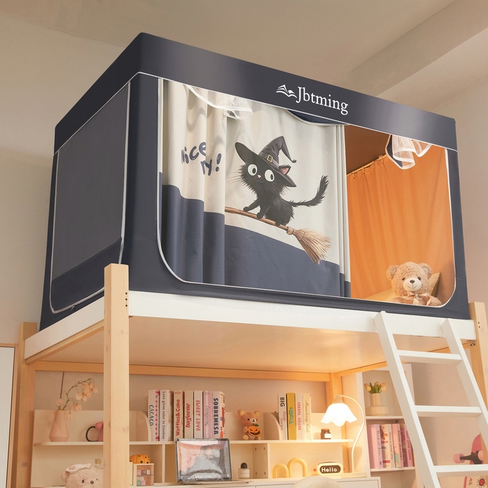 91家纺网 家纺一手货源 找家纺 星际优品 2025新款学生蚊帐遮光床帘植绒环保遮光帘99%遮光-印花款学生蚊帐-二 扫帚猫-灰