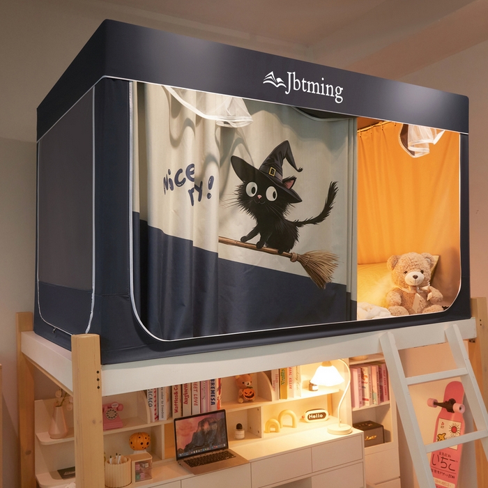 91家纺网 家纺一手货源 找家纺 星际优品 2025新款学生蚊帐遮光床帘植绒环保遮光帘99%遮光-印花款学生蚊帐-二 扫帚猫-灰