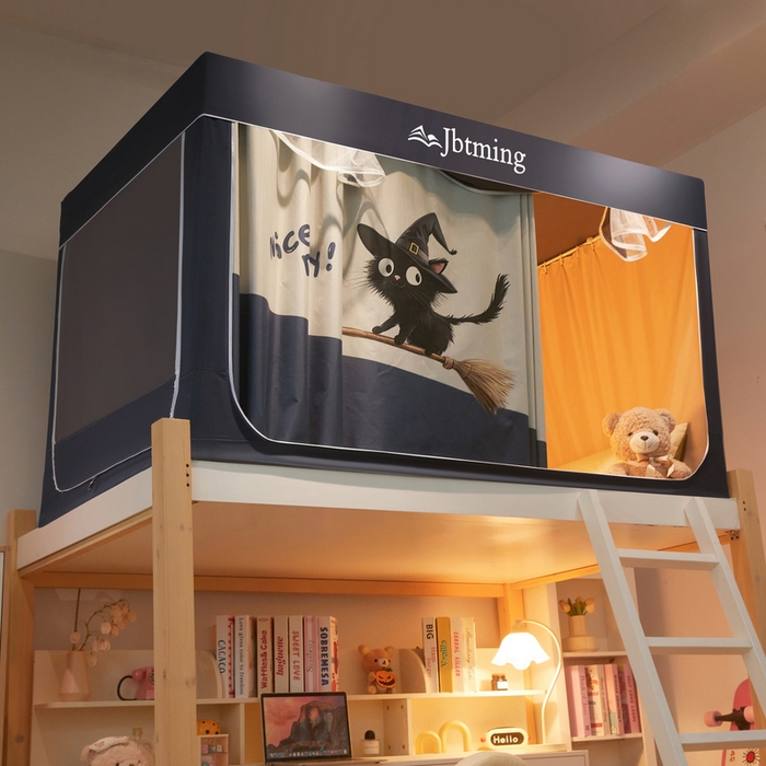 91家纺网 家纺一手货源 找家纺 星际优品 2025新款学生蚊帐遮光床帘植绒环保遮光帘99%遮光-印花款学生蚊帐-二 扫帚猫-灰