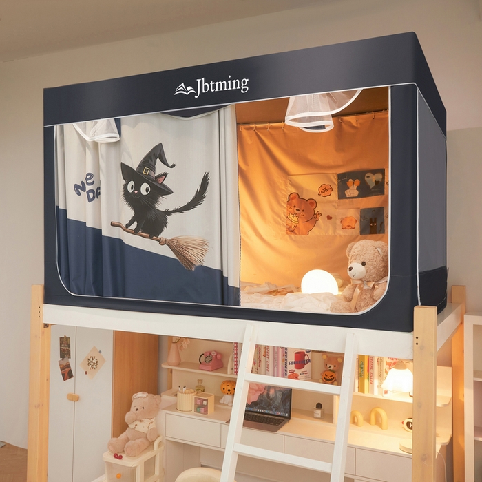 91家纺网 家纺一手货源 找家纺 星际优品 2025新款学生蚊帐遮光床帘植绒环保遮光帘99%遮光-印花款学生蚊帐-二 扫帚猫-灰