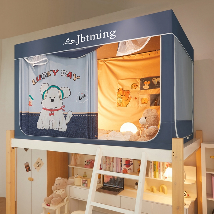 91家纺网 家纺一手货源 找家纺 星际优品 2025新款学生蚊帐遮光床帘植绒环保遮光帘99%遮光-印花款学生蚊帐-二 幸运狗-藏青