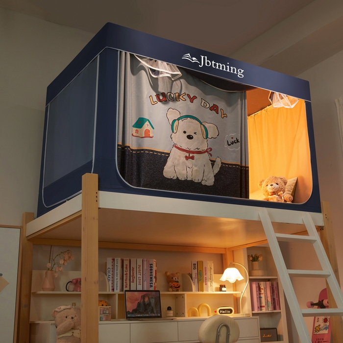 91家纺网 家纺一手货源 找家纺 星际优品 2025新款学生蚊帐遮光床帘植绒环保遮光帘99%遮光-印花款学生蚊帐-二 幸运狗-藏青