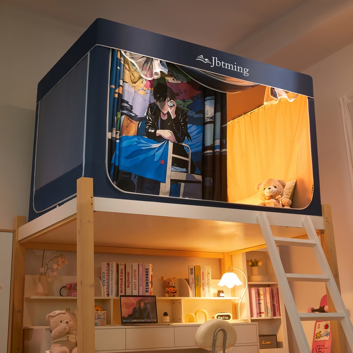 91家纺网 家纺一手货源 找家纺 星际优品 2025新款学生蚊帐遮光床帘植绒环保遮光帘99%遮光-印花款学生蚊帐-二 追风少年-藏青