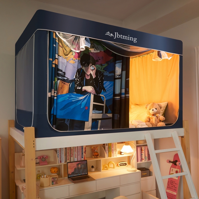 91家纺网 家纺一手货源 找家纺 星际优品 2025新款学生蚊帐遮光床帘植绒环保遮光帘99%遮光-印花款学生蚊帐-二 追风少年-藏青