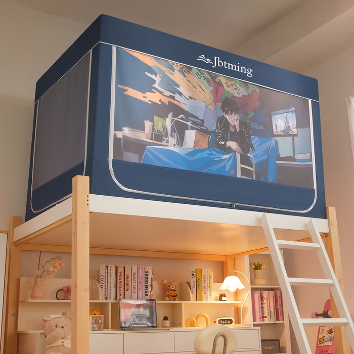 91家纺网 家纺一手货源 找家纺 星际优品 2025新款学生蚊帐遮光床帘植绒环保遮光帘99%遮光-印花款学生蚊帐-二 追风少年-藏青