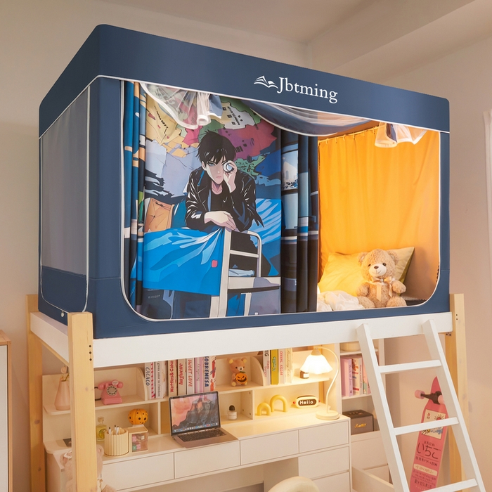 91家纺网 家纺一手货源 找家纺 星际优品 2025新款学生蚊帐遮光床帘植绒环保遮光帘99%遮光-印花款学生蚊帐-二 追风少年-藏青