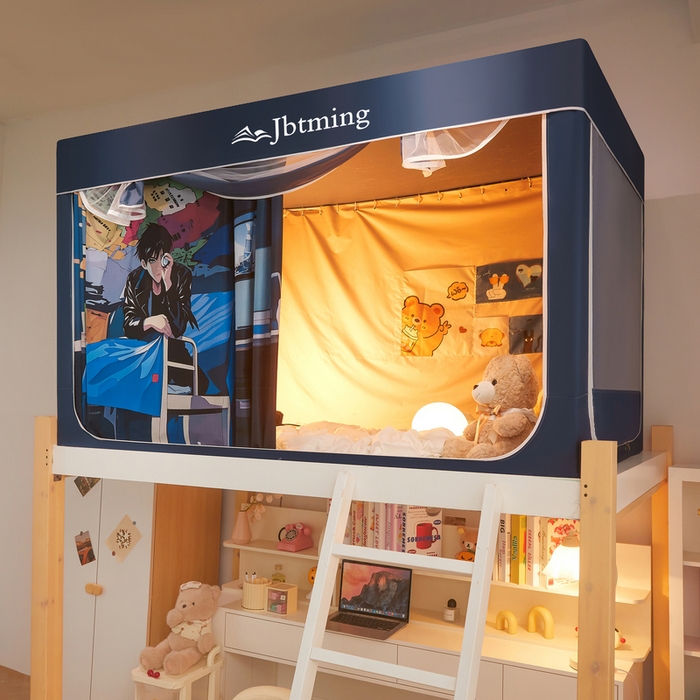 91家纺网 家纺一手货源 找家纺 星际优品 2025新款学生蚊帐遮光床帘植绒环保遮光帘99%遮光-印花款学生蚊帐-二 追风少年-藏青