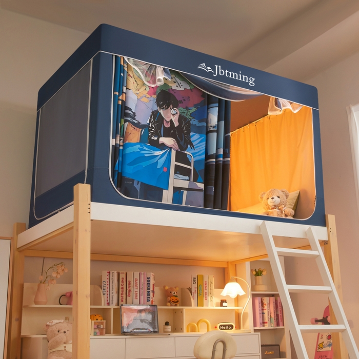 91家纺网 家纺一手货源 找家纺 星际优品 2025新款学生蚊帐遮光床帘植绒环保遮光帘99%遮光-印花款学生蚊帐-二 追风少年-藏青