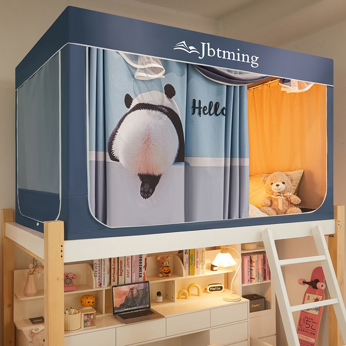 91家纺网 家纺一手货源 找家纺 星际优品 2025新款学生蚊帐遮光床帘植绒环保遮光帘99%遮光-印花款学生蚊帐-二 hello熊猫-藏青