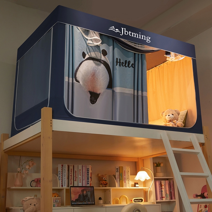 91家纺网 家纺一手货源 找家纺 星际优品 2025新款学生蚊帐遮光床帘植绒环保遮光帘99%遮光-印花款学生蚊帐-二 hello熊猫-藏青