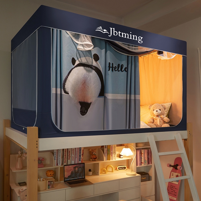 91家纺网 家纺一手货源 找家纺 星际优品 2025新款学生蚊帐遮光床帘植绒环保遮光帘99%遮光-印花款学生蚊帐-二 hello熊猫-藏青