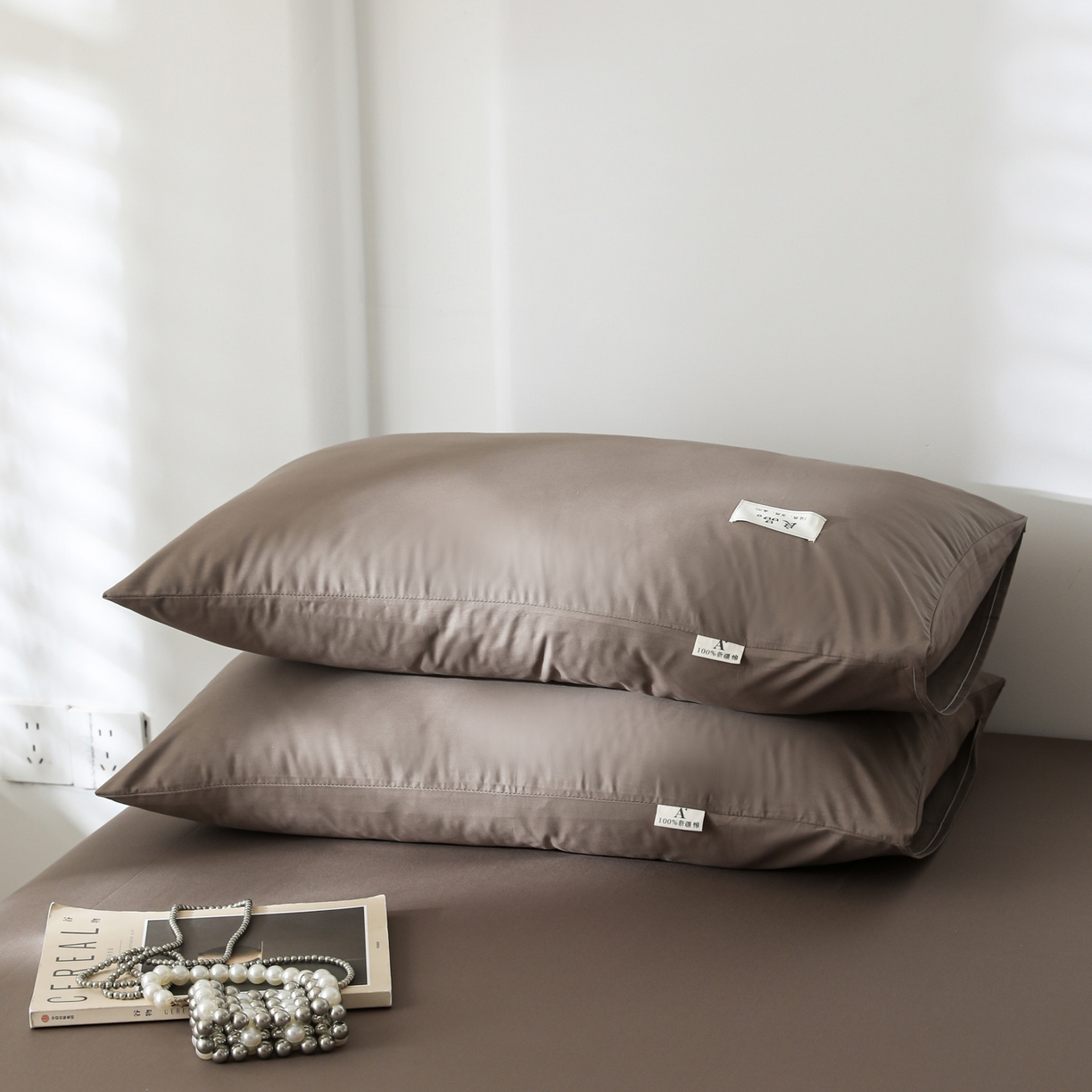 91家纺网 家纺一手货源 找家纺 眠博士 2025新款高支高密全棉纯色枕套系列 40支枕套-春泥色