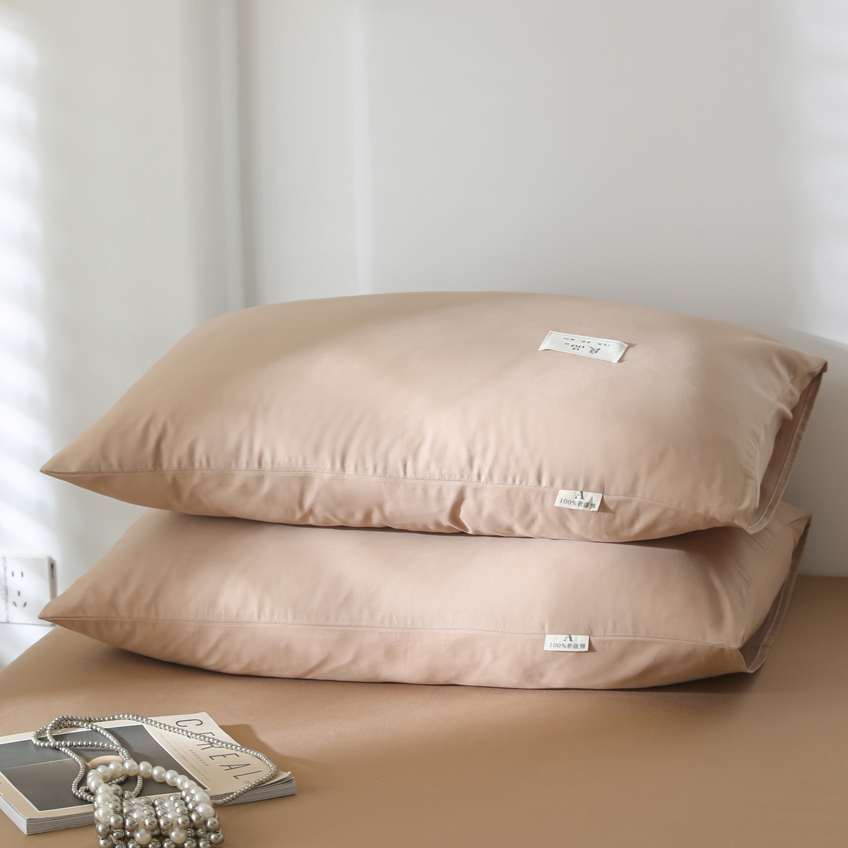 91家纺网 家纺一手货源 找家纺 眠博士 2025新款高支高密全棉纯色枕套系列 40支枕套-卡其