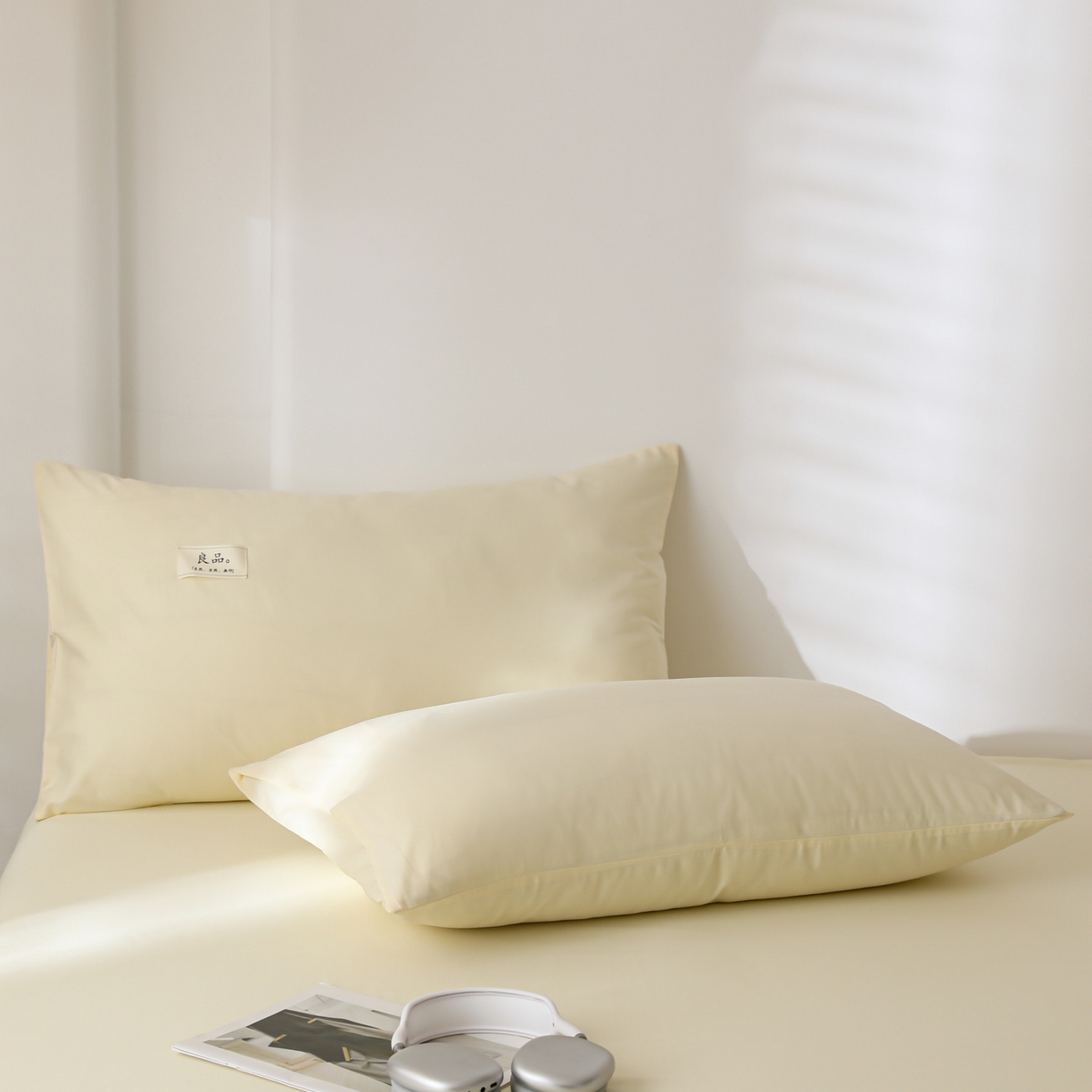 91家纺网 家纺一手货源 找家纺 眠博士 2025新款高支高密全棉纯色枕套系列 40支枕套-浅黄