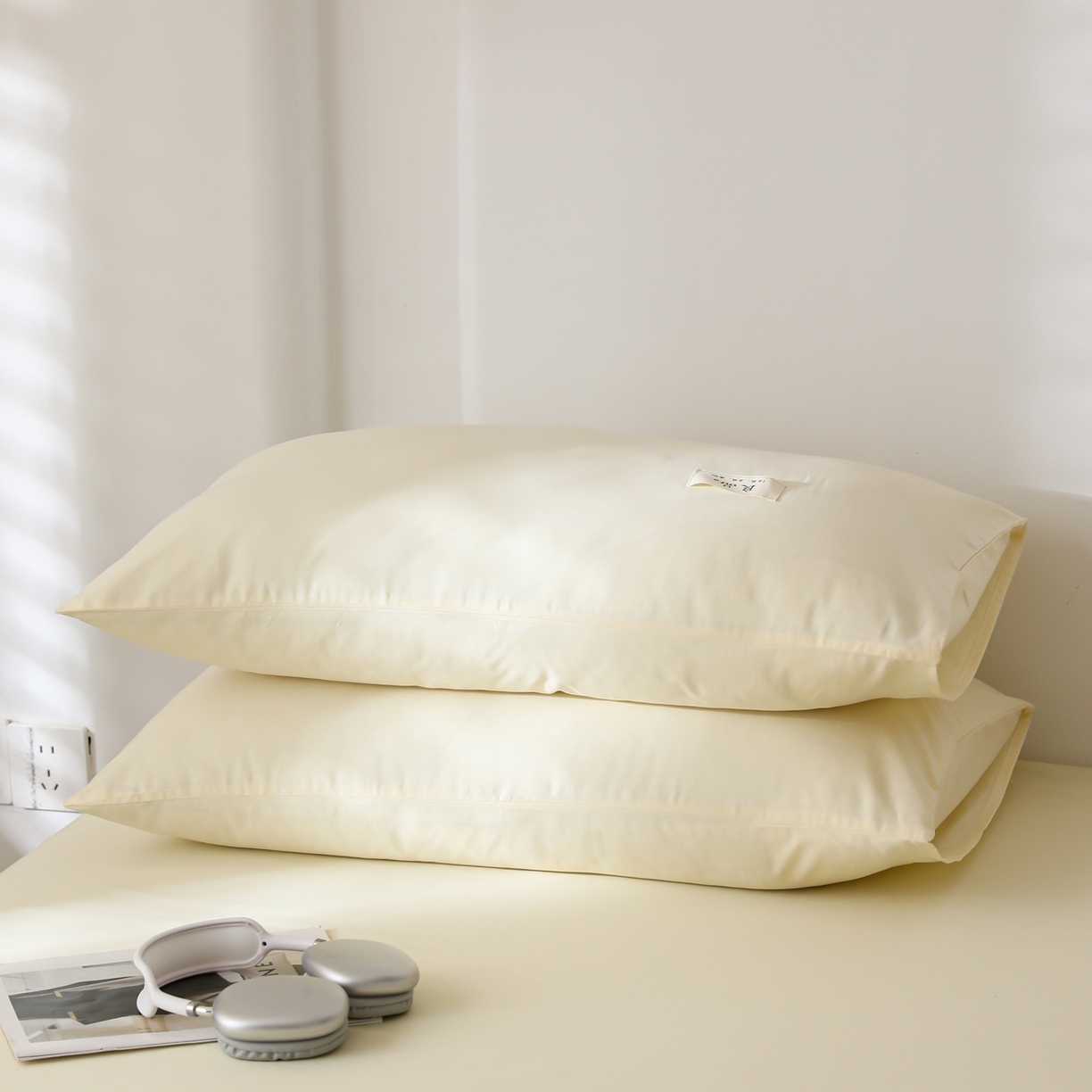 91家纺网 家纺一手货源 找家纺 眠博士 2025新款高支高密全棉纯色枕套系列 40支枕套-浅黄