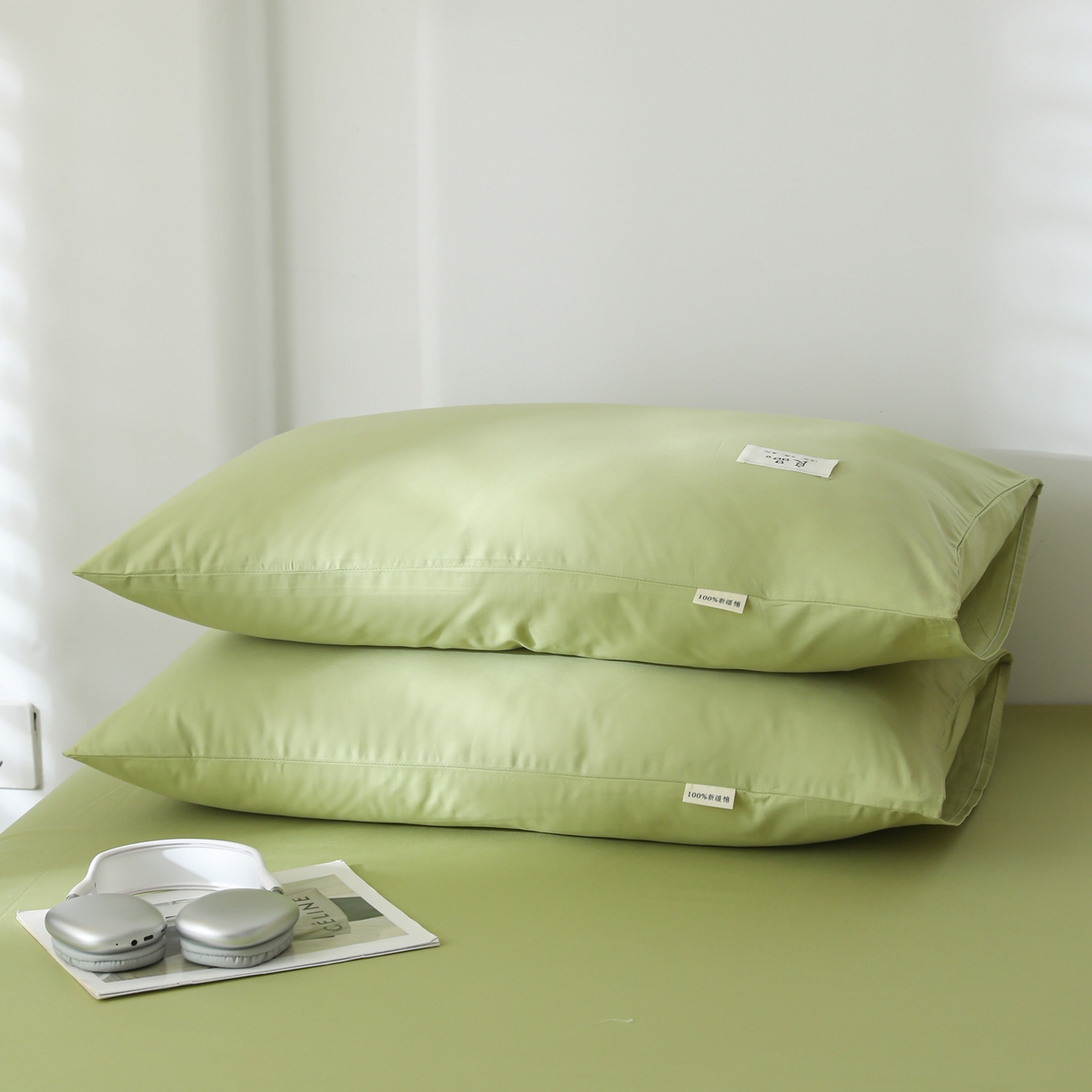 91家纺网 家纺一手货源 找家纺 眠博士 2025新款高支高密全棉纯色枕套系列 40支枕套-浅绿