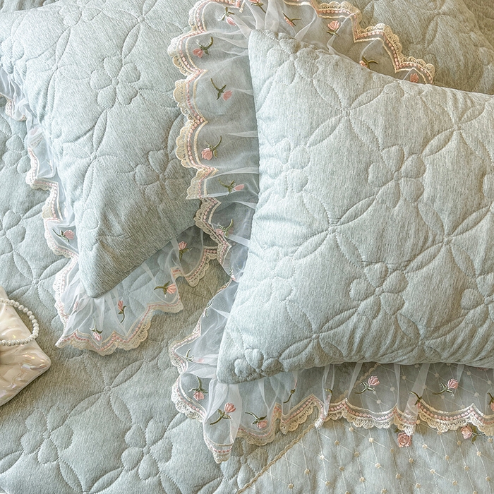 91家纺网 家纺一手货源 找家纺 麒豆豆 2025新款色织蕾丝边床裙款床笠-花亦然 花亦然-石青