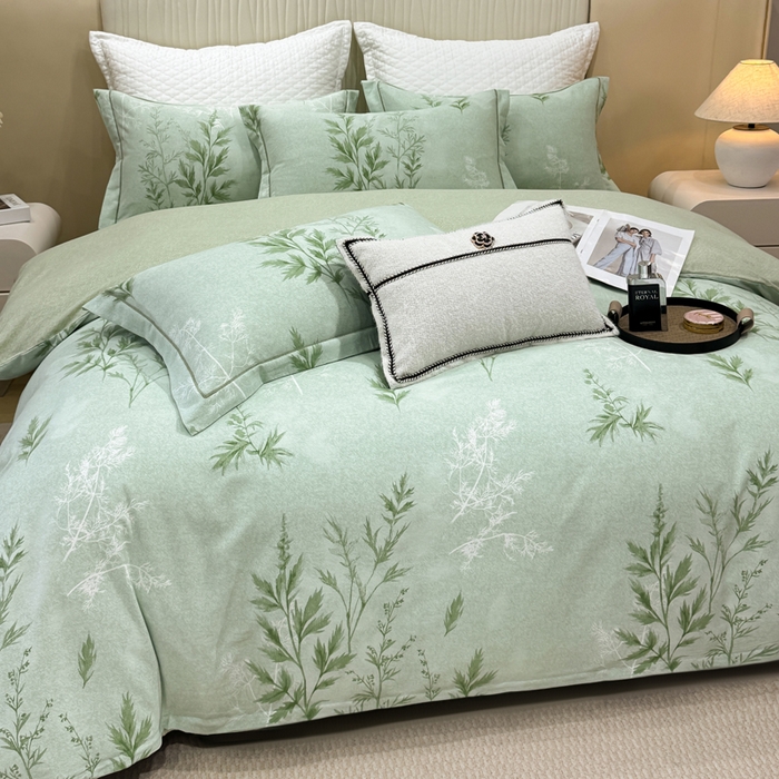 91家纺网 家纺一手货源 找家纺 凌鼎 2025新款100%全棉磨毛四件套数码印花加厚纯棉磨毛四件套 叶初开绿