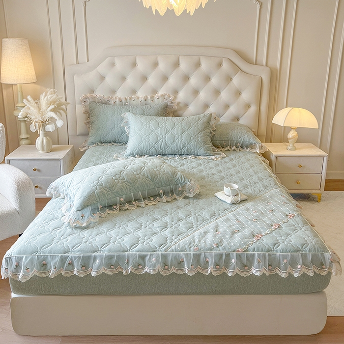 91家纺网 家纺一手货源 找家纺 麒豆豆 2025新款色织蕾丝边床裙款床笠-花亦然 花亦然-石青