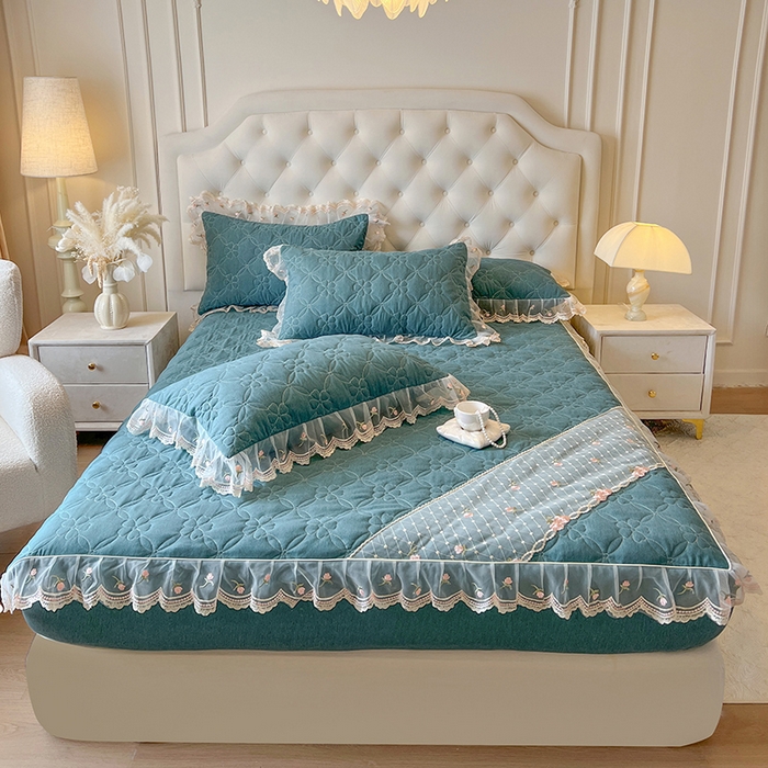 91家纺网 家纺一手货源 找家纺 麒豆豆 2025新款色织蕾丝边床裙款床笠-花亦然 花亦然-黛绿色