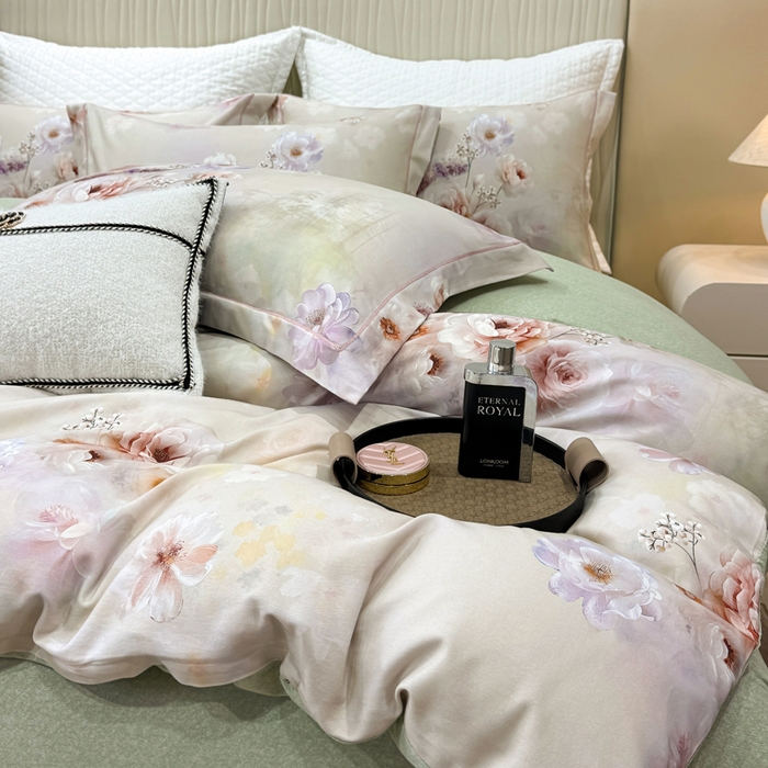 91家纺网 家纺一手货源 找家纺 凌鼎 2025新款100%全棉磨毛四件套数码印花加厚纯棉磨毛四件套 颜玉绿