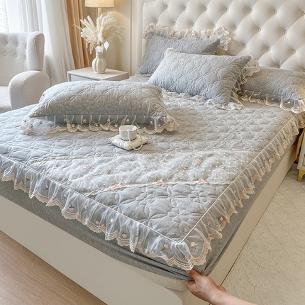 麒豆豆 2025新款色织蕾丝边床裙款床笠-花亦然 花亦然-烟熏灰