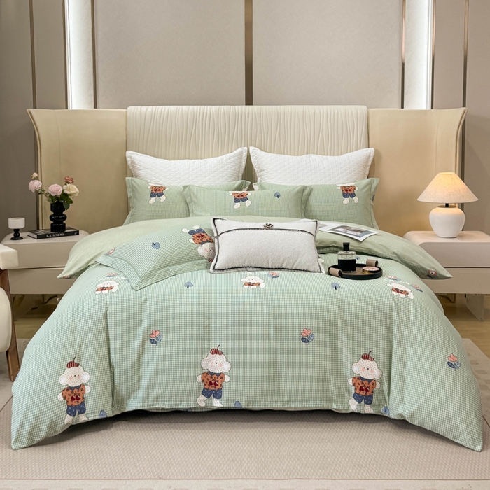 91家纺网 家纺一手货源 找家纺 凌鼎 2025新款100%全棉磨毛四件套数码印花加厚纯棉磨毛四件套 贴布小熊兰