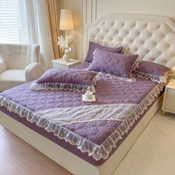 91家纺网 家纺一手货源 找家纺 麒豆豆 2025新款色织蕾丝边床裙款床笠-花亦然 花亦然-浪漫紫