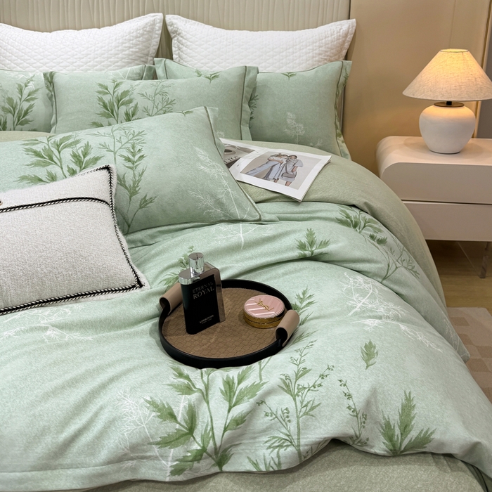 91家纺网 家纺一手货源 找家纺 凌鼎 2025新款100%全棉磨毛四件套数码印花加厚纯棉磨毛四件套 叶初开绿