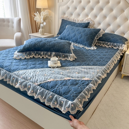 麒豆豆 2025新款色织蕾丝边床裙款床笠-花亦然 花亦然-宝石蓝