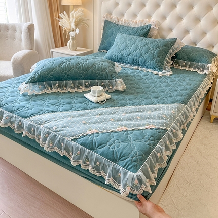 麒豆豆 2025新款色织蕾丝边床裙款床笠-花亦然 花亦然-黛绿色