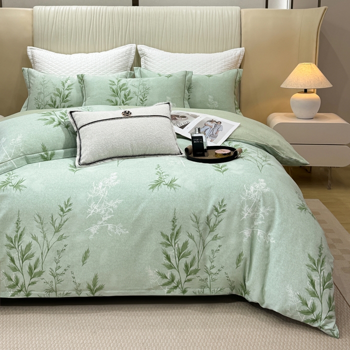 91家纺网 家纺一手货源 找家纺 凌鼎 2025新款100%全棉磨毛四件套数码印花加厚纯棉磨毛四件套 叶初开绿