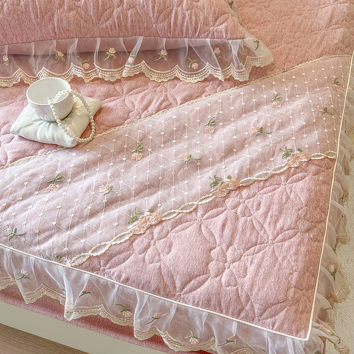 91家纺网 家纺一手货源 找家纺 麒豆豆 2025新款色织蕾丝边床裙款床笠-花亦然 花亦然-香妃粉