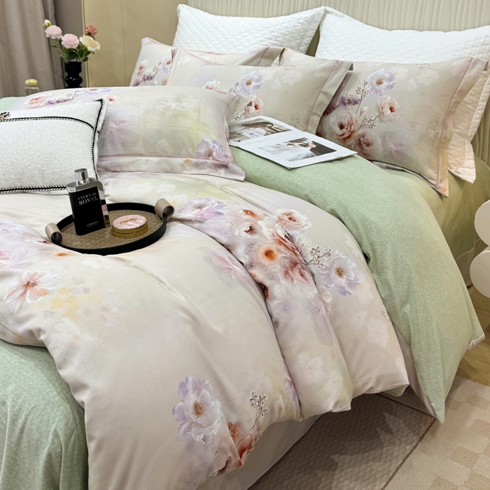 91家纺网 家纺一手货源 找家纺 凌鼎 2025新款100%全棉磨毛四件套数码印花加厚纯棉磨毛四件套 颜玉绿