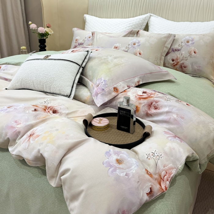 91家纺网 家纺一手货源 找家纺 凌鼎 2025新款100%全棉磨毛四件套数码印花加厚纯棉磨毛四件套 颜玉绿