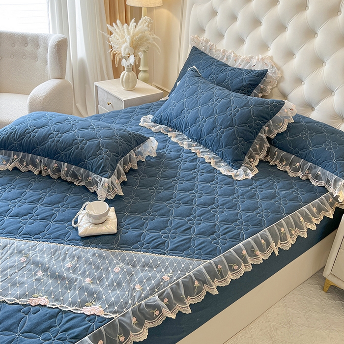 91家纺网 家纺一手货源 找家纺 麒豆豆 2025新款色织蕾丝边床裙款床笠-花亦然 花亦然-宝石蓝